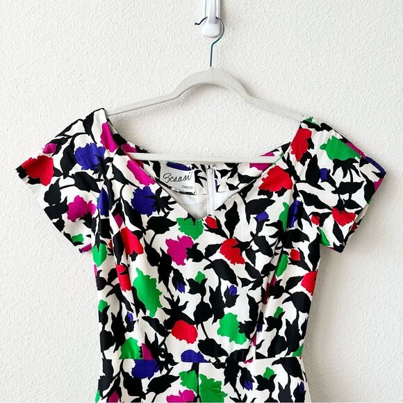 Vintage 90’s Arnold Scaasi Silk Floral Dress in White Black Size 6 - Picture 3 of 6